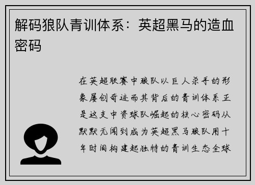解码狼队青训体系：英超黑马的造血密码